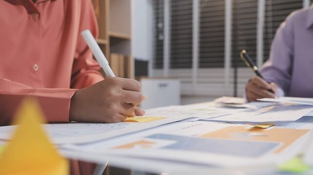 Asian uxui designer working on website design using sticky notes and wireframes