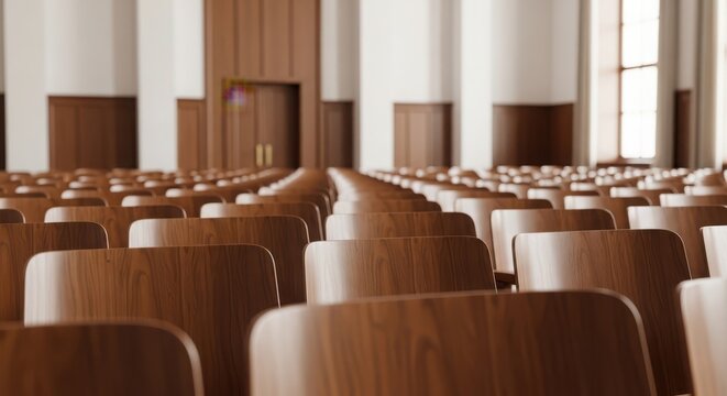 rows of empty wooden chairs in a large auditorium or conference room