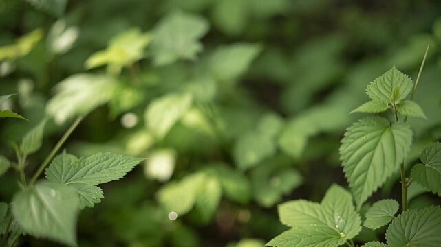 Close-up of vibrant green nettle leaves in a forest, soft morning sunlight with natural bokeh background and morning dew drops on foliage.