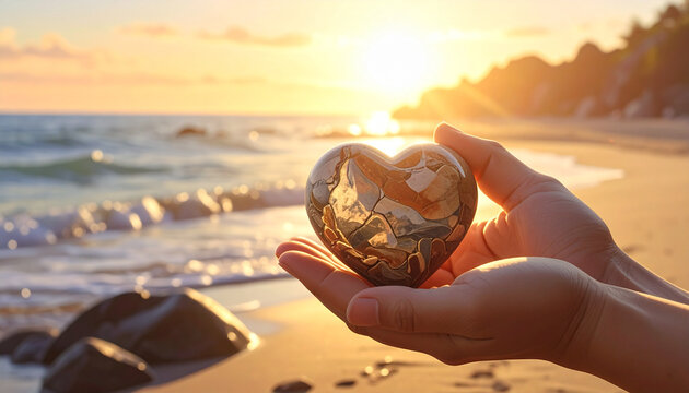 Hands holding heart sculpture at sunset
