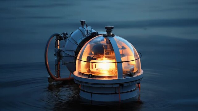 Advanced underwater sensor equipment with a glowing light inside a clear dome floating on the surface of calm blue water, creating gentle ripples and reflections