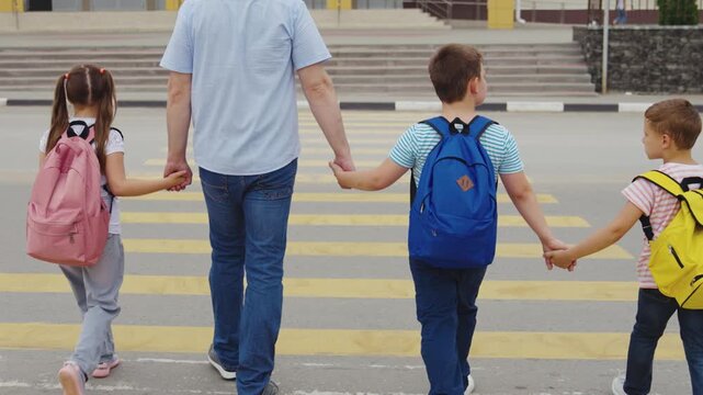 Dad and kids on school run, School readiness, Siblings close together, Colorful urban scene, Building confidence, Morning walk habits, Keeping kids safe, City school surroundings, Guide and protect
