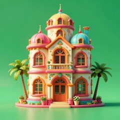 Obraz premium Colorful Dollhouse With Pink And Blue Domes On Green Background