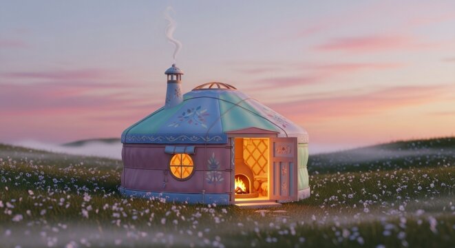 Illustrated yurt with chimney and warm light against a dreamy sky