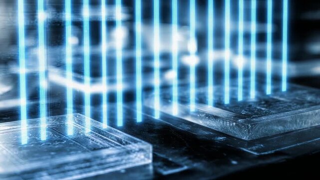 Quantum computing processor interacting with multiple blue light beams, symbolizing advanced data processing, futuristic technology, and innovation in digital science with a microchip element