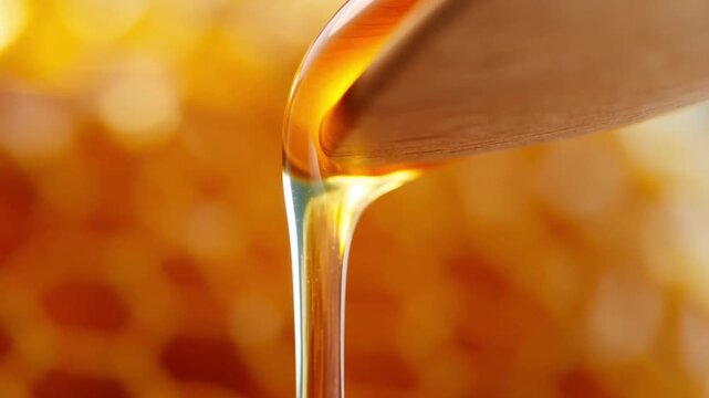 A slow motion close-up of golden honey dripping from a wooden spoon, backlit to an amber glow for food porn, natural product ads and sensory appeal