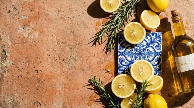 Mediterranean cooking ingredients flat lay on rustic surface. Fresh lemons, rosemary, and olive oil with blue tile. Top view with copy space