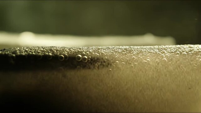 Golden liquid sparkling with countless small bubbles rising to the surface, creating a dynamic effervescent texture, symbolizing celebration, refreshment, and lightness