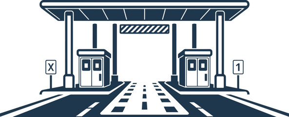 Naklejka premium Streamlined, toll plaza design illustration for transportation and infrastructure projects, modern highway checkpoint with automated lanes, easy digital payments, smart transit solutions and clean 
