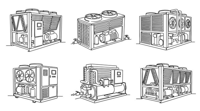 chiller , six black Continuous Line Art (Single Line) vector set collection , white background , PNG and SVG