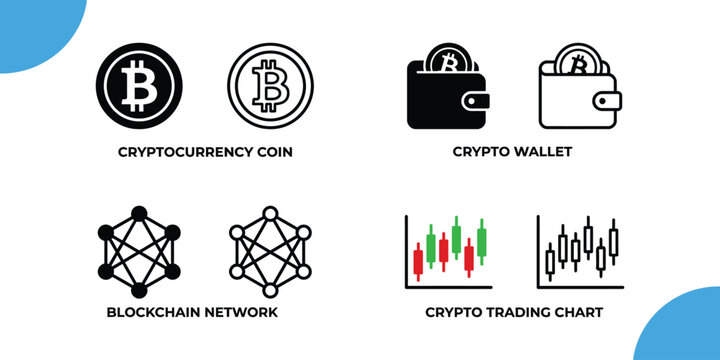 Cryptocurrency finance bitcoin blockchain and digital wallet icons for modern financial investments