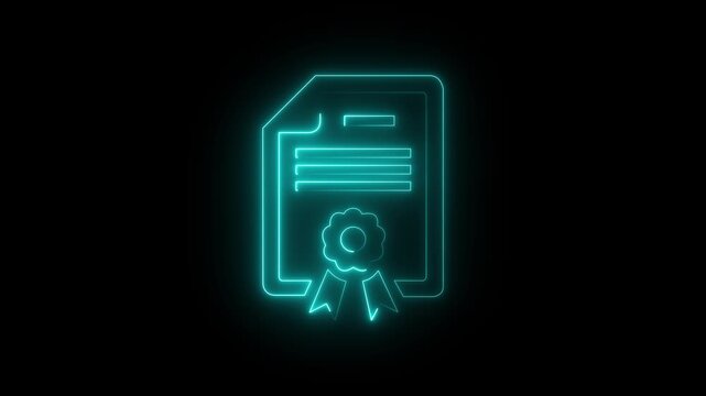 Neon Patent icon isolated on black background. HD Video motion graphic animation, a neon-style illustration of a certificate or document. The illustration is outlined in a bright blue glow. 4k video
