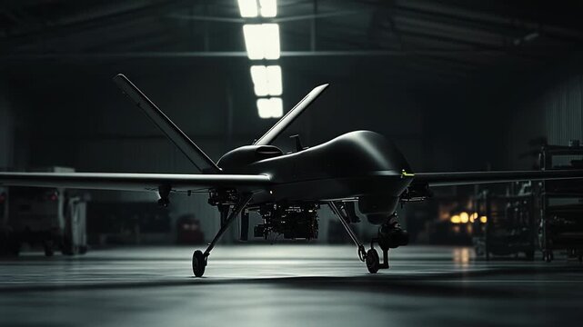 Unmanned aerial vehicle standing on a dimly lit hangar floor, operating as a key component of modern intelligence, surveillance, and reconnaissance operations