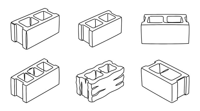 concrete block , six black Continuous Line Art (Single Line) vector set collection , white background , PNG and SVG