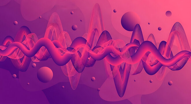 Dynamic abstract pink and purple wavy sound equalizer graphic with floating spheres, creating a modern digital music technology background, futuristic design