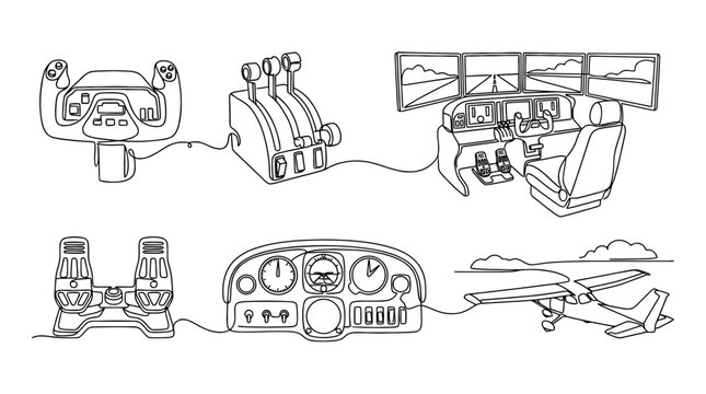 flight simulator , six black Continuous Line Art (Single Line) vector set collection , white background , PNG and SVG
