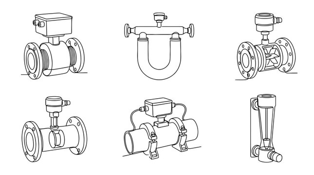 flow meter , six black Continuous Line Art (Single Line) vector set collection , white background , PNG and SVG