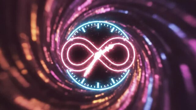 Futuristic visualization of time travel with a glowing infinity symbol inside a clock dial and swirling neon lights