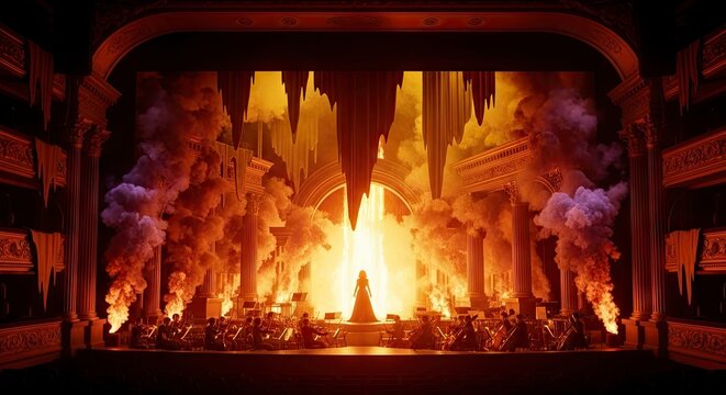 Dramatic operatic stage performance erupts amidst intense flames and thick billowing smoke