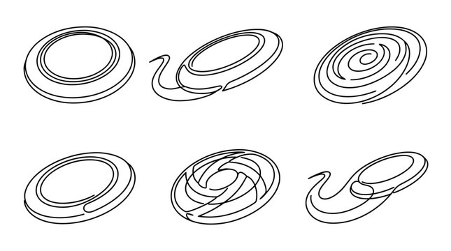 frisbee , six black Continuous Line Art (Single Line) vector set collection , white background , PNG and SVG