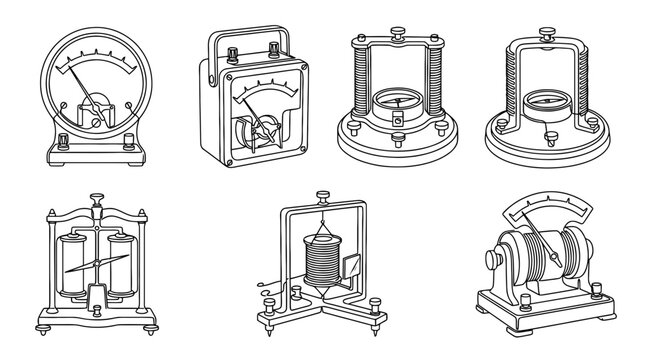 galvanometer , six black Continuous Line Art (Single Line) vector set collection , white background , PNG and SVG