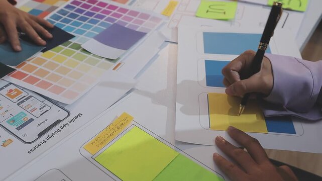 Asian uxui designer working on website design using sticky notes and wireframes