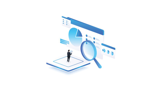 Stock market isometric of financial data analysis dashboard with magnifying glass, market research, and business analytics in blue digital style.