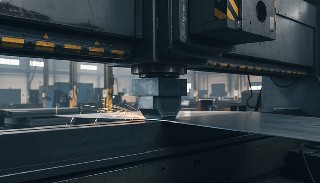 Heavy CNC press brake machine bending thick steel sheet in industrial factory