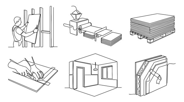 gypsum board , six black Continuous Line Art (Single Line) vector set collection , white background , PNG and SVG