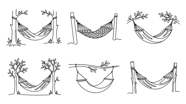 hammock , six black Continuous Line Art (Single Line) vector set collection , white background , PNG and SVG