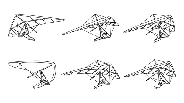 hang glider , six black Continuous Line Art (Single Line) vector set collection , white background , PNG and SVG