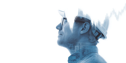 Fototapeta premium Artistic double-exposure portrait merges hardhat engineer profile with industrial infrastructure and data chart.