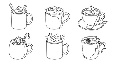 Obraz premium hot chocolate , six black Continuous Line Art (Single Line) vector set collection , white background , PNG and SVG