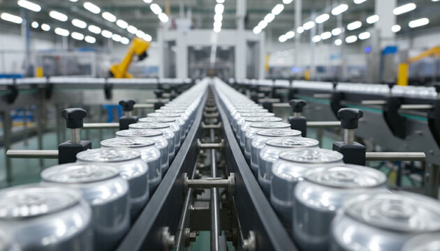 Automated high speed beverage canning line with rows of shiny aluminum cans