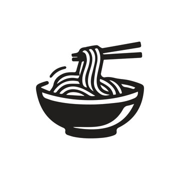 Delicious Asian Noodle Bowl with Chopsticks Minimalist Black White Icon