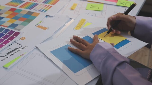 Asian uxui designer working on website design using sticky notes and wireframes
