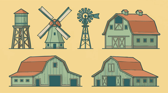 Collection of traditional farm buildings and windmills in flat design