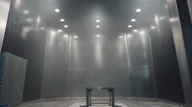 Modern experimental laboratory chamber featuring a minimalist setup and bright overhead lighting, emphasizing technological progress and precise scientific investigation