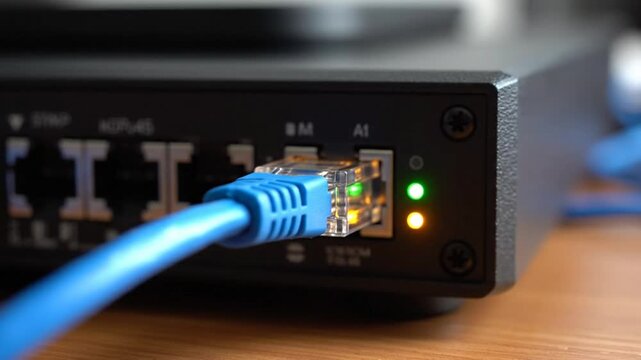 Close-up view of a blue ethernet cable plugged into a black network switch with green and orange lights blinking