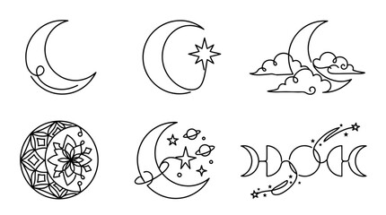 Fototapeta premium moon , six black Continuous Line Art (Single Line) vector set collection , white background , PNG and SVG