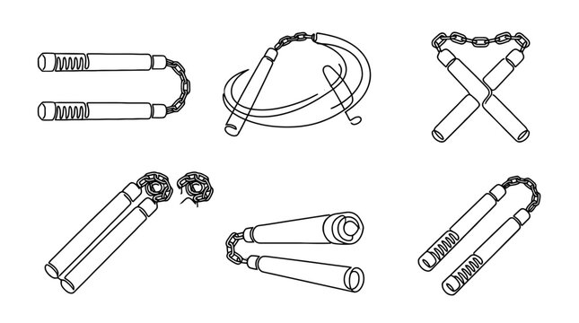 nunchaku , six black Continuous Line Art (Single Line) vector set collection , white background , PNG and SVG