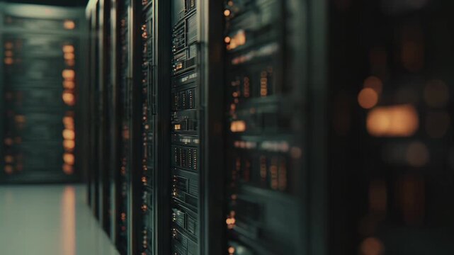 Data center room features rows of server racks with blinking lights, representing robust computing, network infrastructure, and information storage capabilities for modern technology