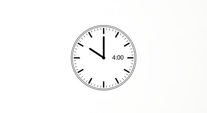 Close-up of a simple analog clock face showing 4:00, on a plain white background, concept of time
