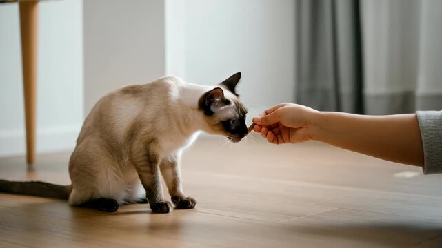 Person feeding Siamese cat treat at home