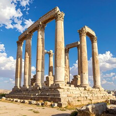 Fototapeta premium Ancient stone structure with columns and arches under blue sky