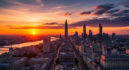 Naklejka premium Stunning sunset over a modern city skyline with skyscrapers and buildings.