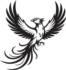 Fototapeta premium Phoenix rising with wings spread wide is portrayed in this detailed black and white graphic illustration representing rebirth, mythology, and legendary creature themes.