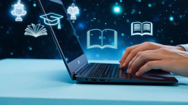 Premium Person typing on laptop with educational icons for Contemporary Lifestyle and Visual Storytelling