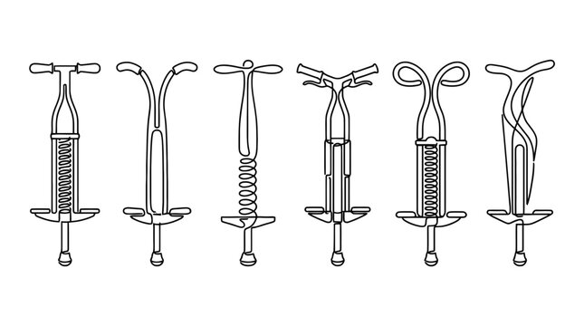 pogo stick , six black Continuous Line Art (Single Line) vector set collection , white background , PNG and SVG