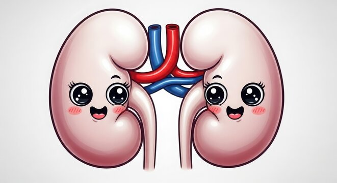 colorful cartoon kidneys with smiling faces and rosy cheeks